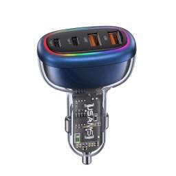 CC169   Cargador Auto C34  PD30W + OCQC3.0  Transparente  Luces de colores  Azul  USAMS