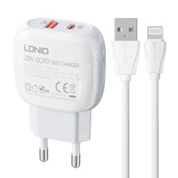 A2313C   Cargador Pared 3A  PD 20W (USB-C)+ QC3.0  Lightning  Blanco  LDNIO