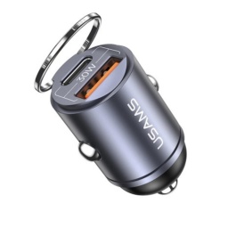 CC206   Cargador Auto C38  30W USB A + USB C  C/Anillo  Negro  USAMS