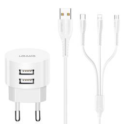 US-T20   Cargador USB  2 USB  2.1A  Cable 3 en 1 (Lightning/microUSB/Tipo C)  USAMS