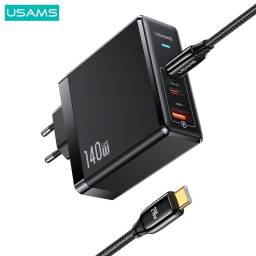 CC168   Cargador Rpido T52  140W  2 USB C+A  Cable Tipo C a Tipo C  Negro  USAMS