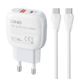 A2313C   Cargador Pared 3A  PD 20W (USB-C)+ QC3.0  Tipo C- Tipo C  Blanco  LDNIO