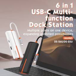 DS-26U   HUB 6 en 1 Tipo C  USB C + USB 2.0 + 3 USB 3.0 + RJ45 Ethernet  Blanco  LDNIO