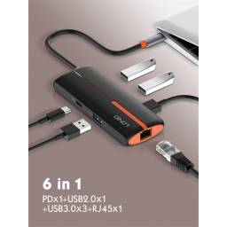 DS-26U   HUB 6 en 1 Tipo C  USB C + USB 2.0 + 3 USB 3.0 + RJ45 Ethernet  Negro  LDNIO