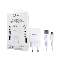Cargador ROCA 2.4A   2 x USB A  Cable USB A a Micro USB / 100cm  Blanco (RC-TC-05)
